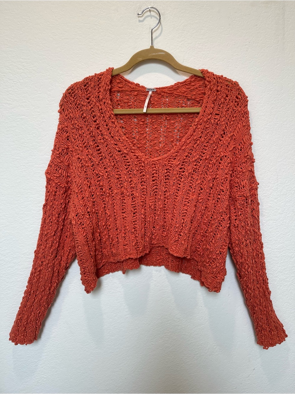 Free People Open-Knit V-Neck Oversized Cotton Sweater in Rust Orange